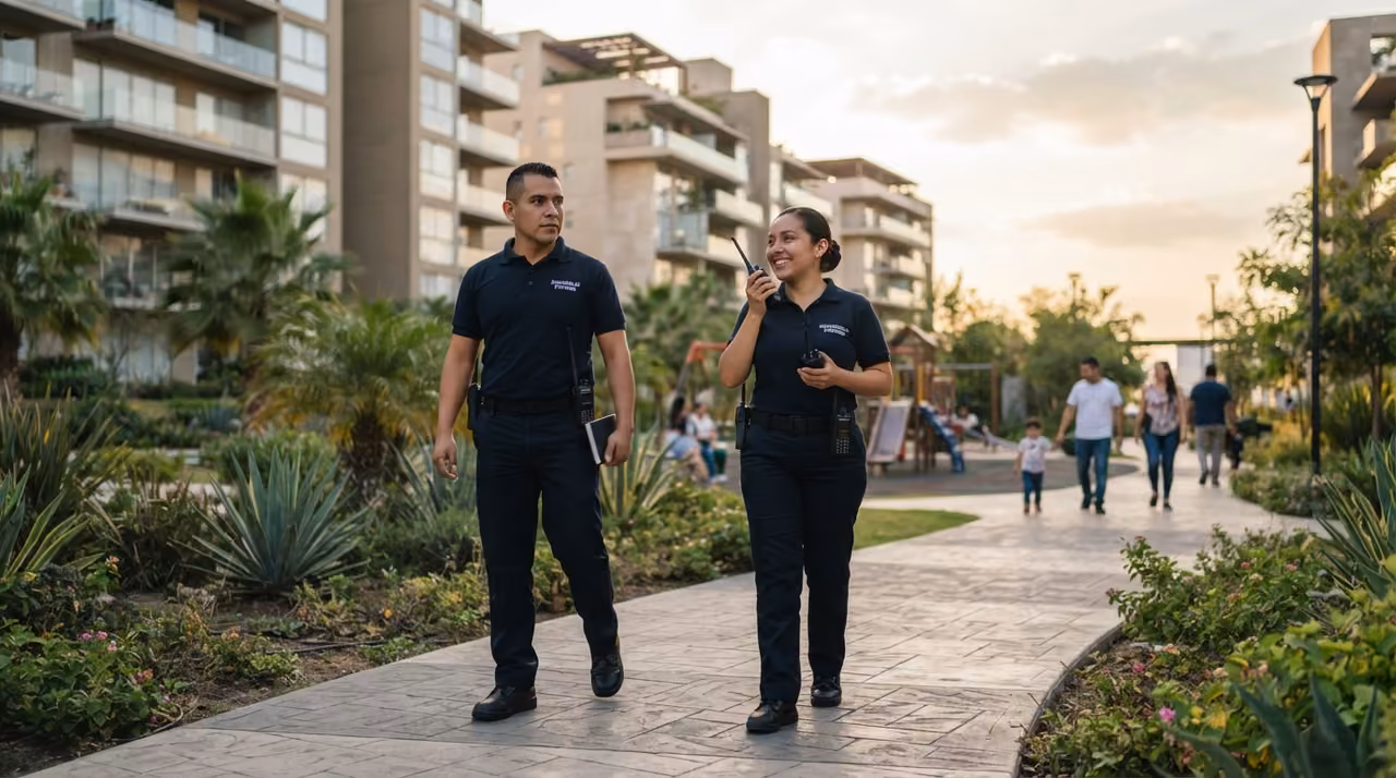 Guardias de seguridad privada patrullando un condominio vertical