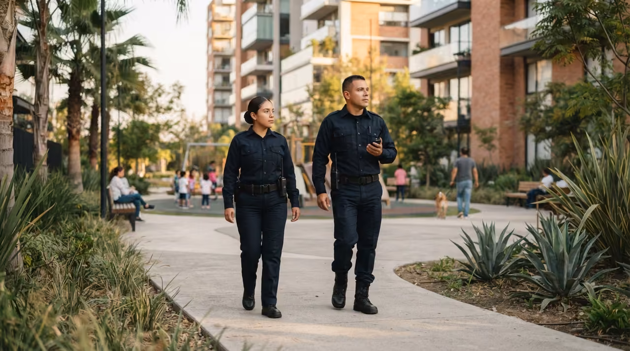 Guardias de seguridad privada patrullando un condominio vertical