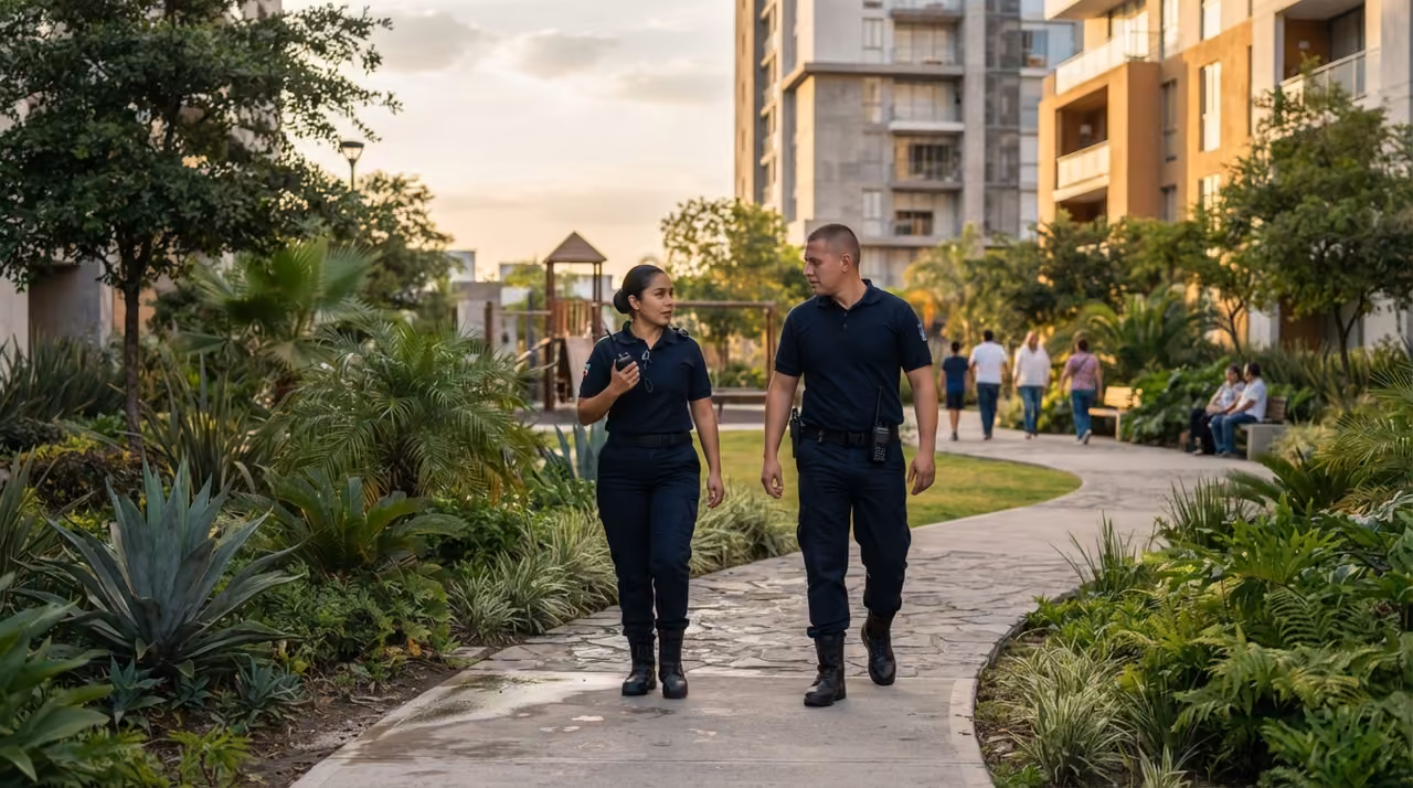 Guardias de seguridad privada patrullando un condominio vertical