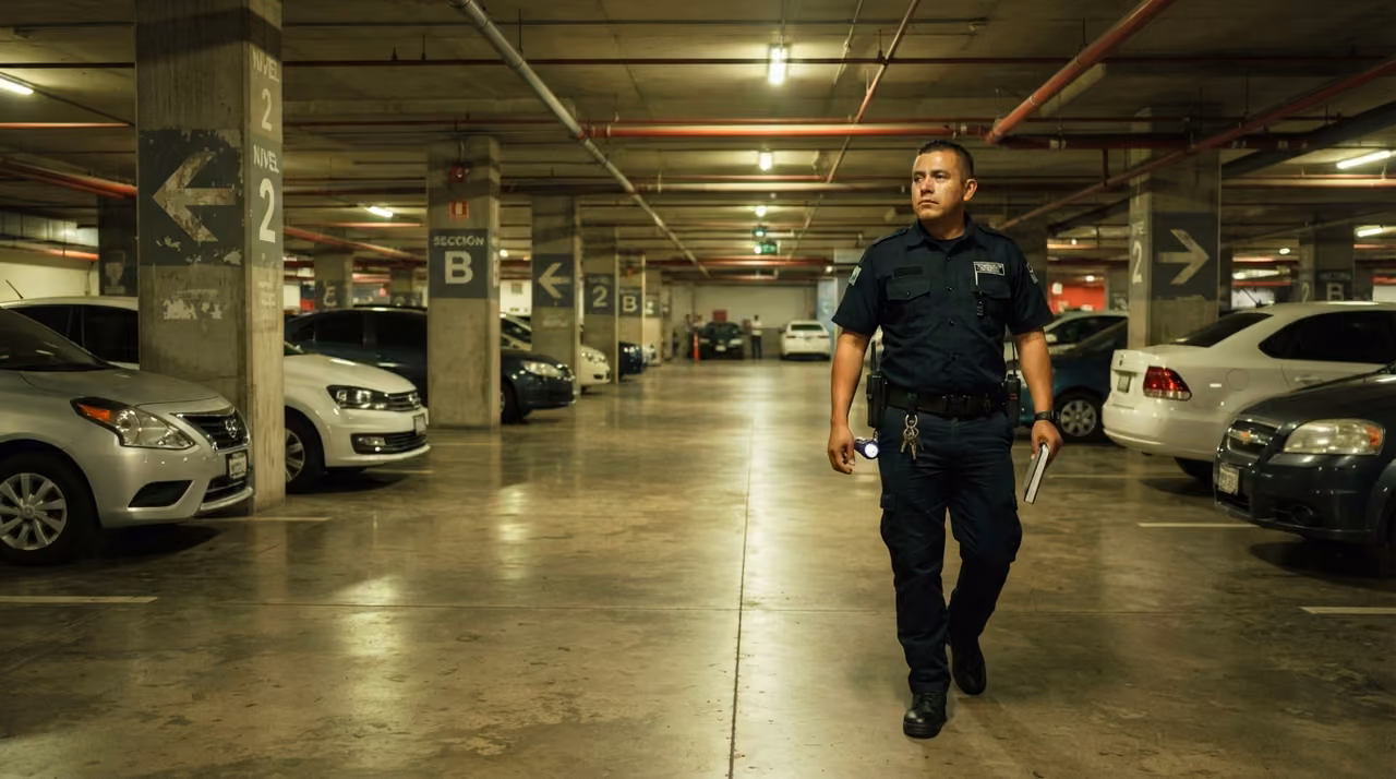 Oficial de seguridad patrullando un estacionamiento subterráneo