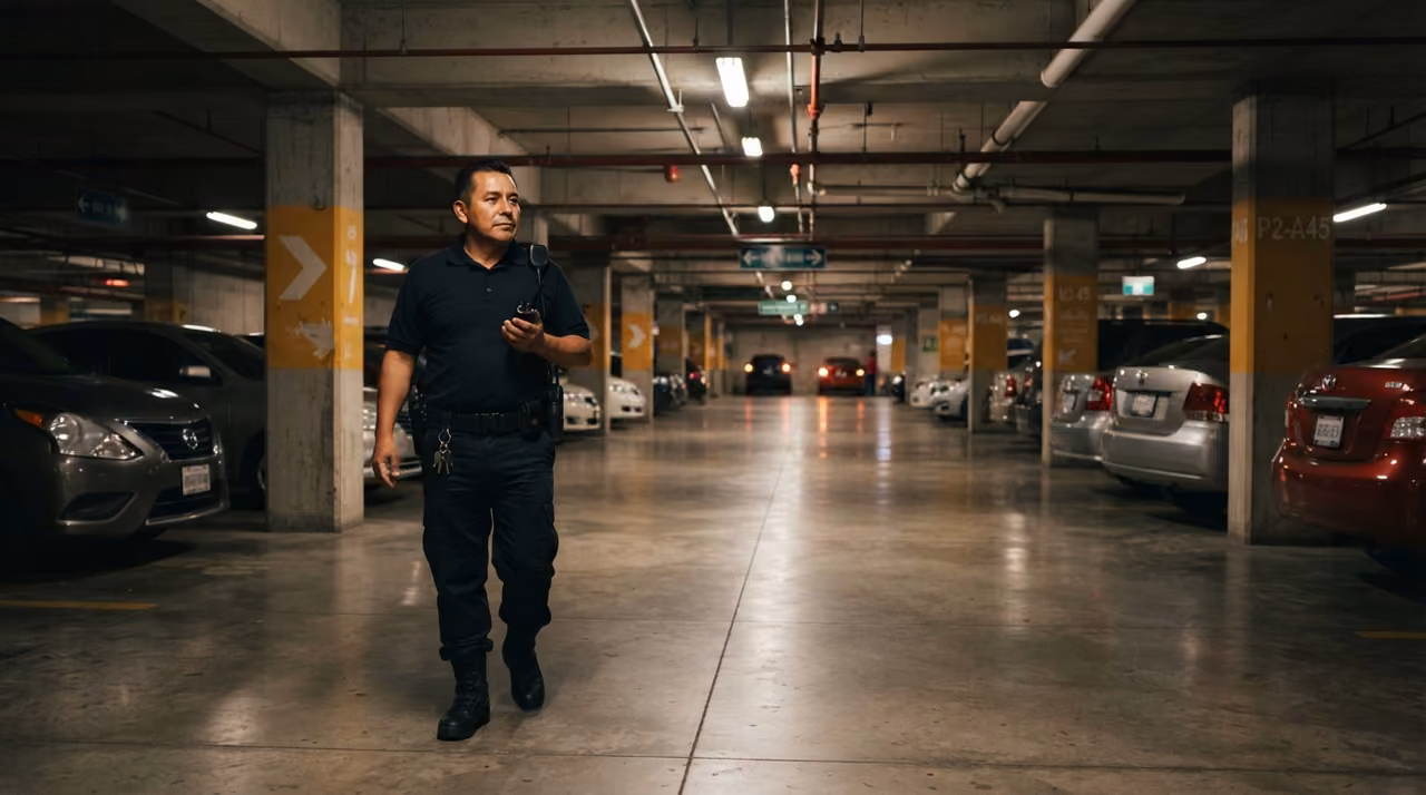 Oficial de seguridad patrullando un estacionamiento subterráneo