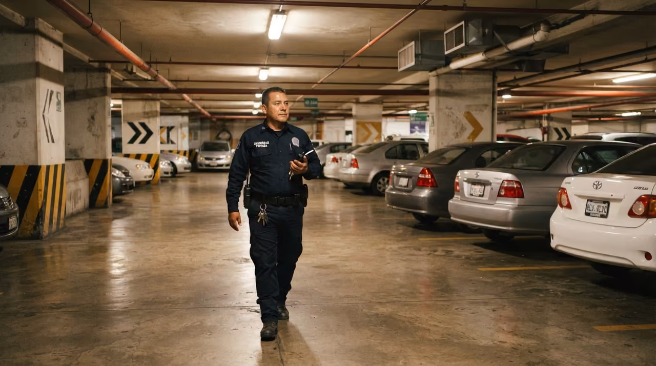 Oficial de seguridad patrullando un estacionamiento subterráneo