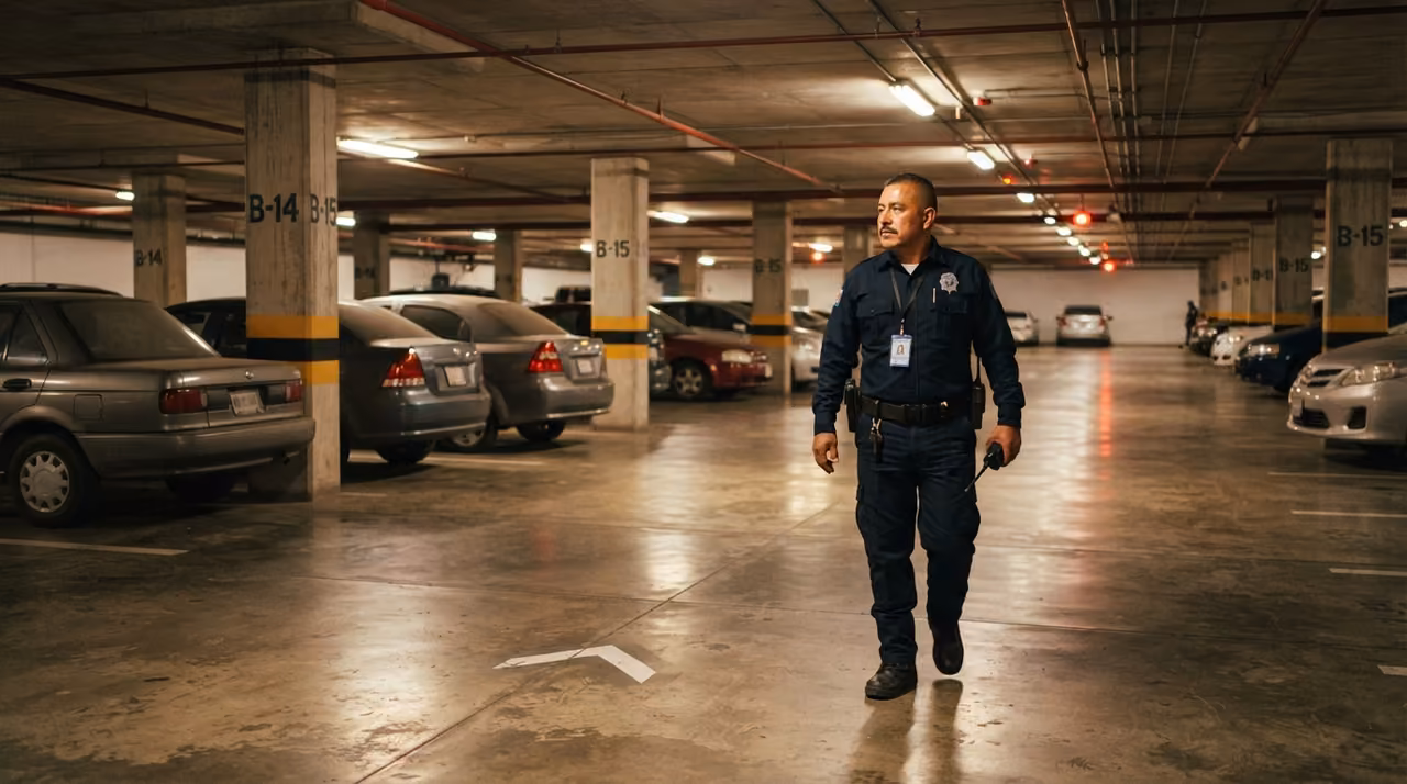 Oficial de seguridad patrullando un estacionamiento subterráneo