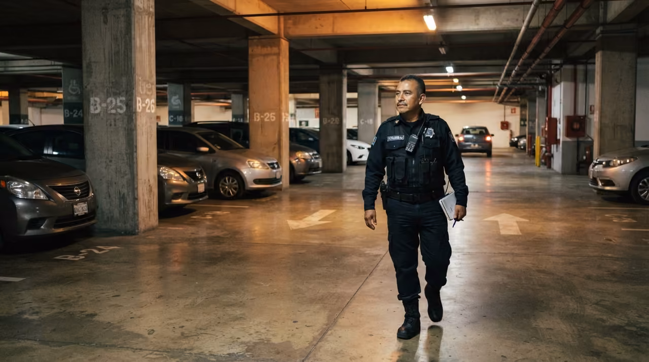 Oficial de seguridad patrullando un estacionamiento subterráneo