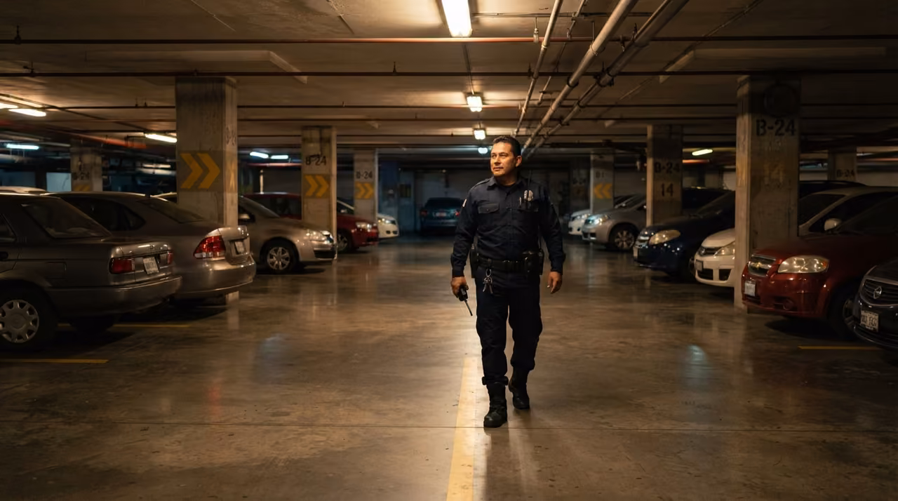 Oficial de seguridad patrullando un estacionamiento subterráneo