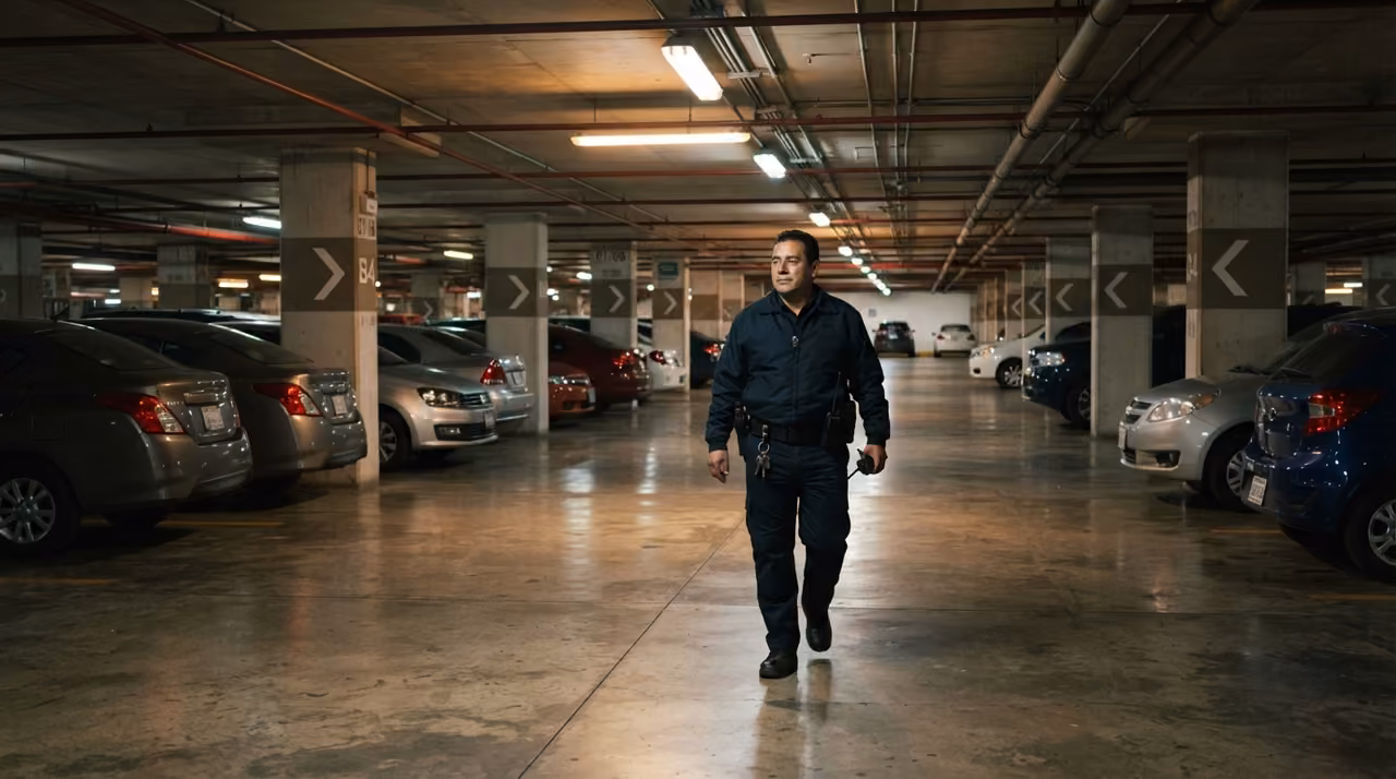 Oficial de seguridad patrullando un estacionamiento subterráneo