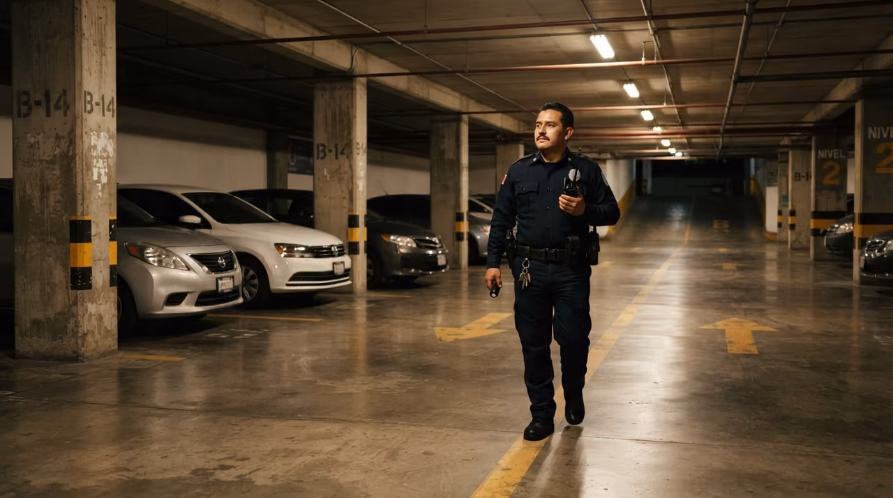 Oficial de seguridad patrullando un estacionamiento subterráneo