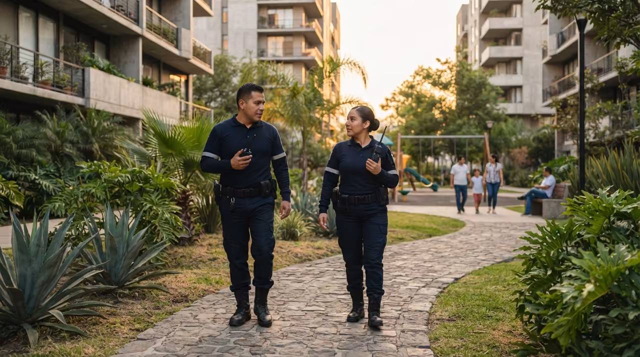 Guardias de seguridad privada patrullando un fraccionamiento residencial