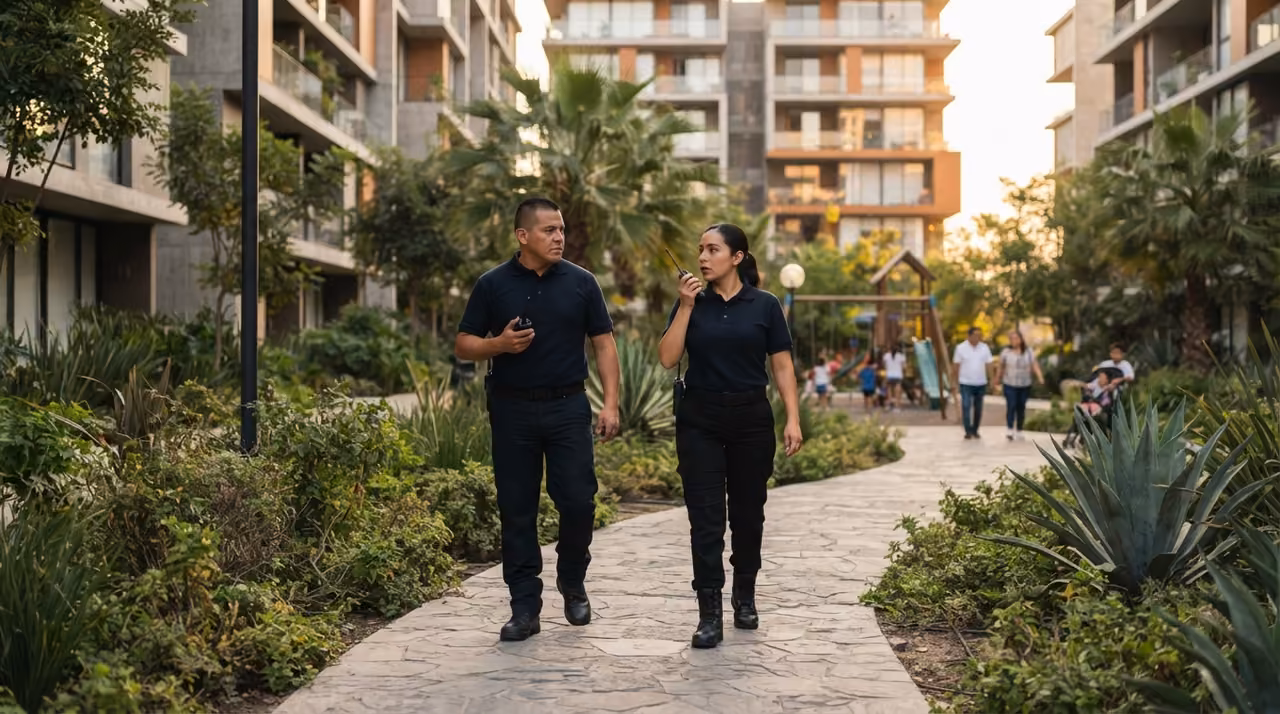 Guardias de seguridad privada patrullando un fraccionamiento residencial