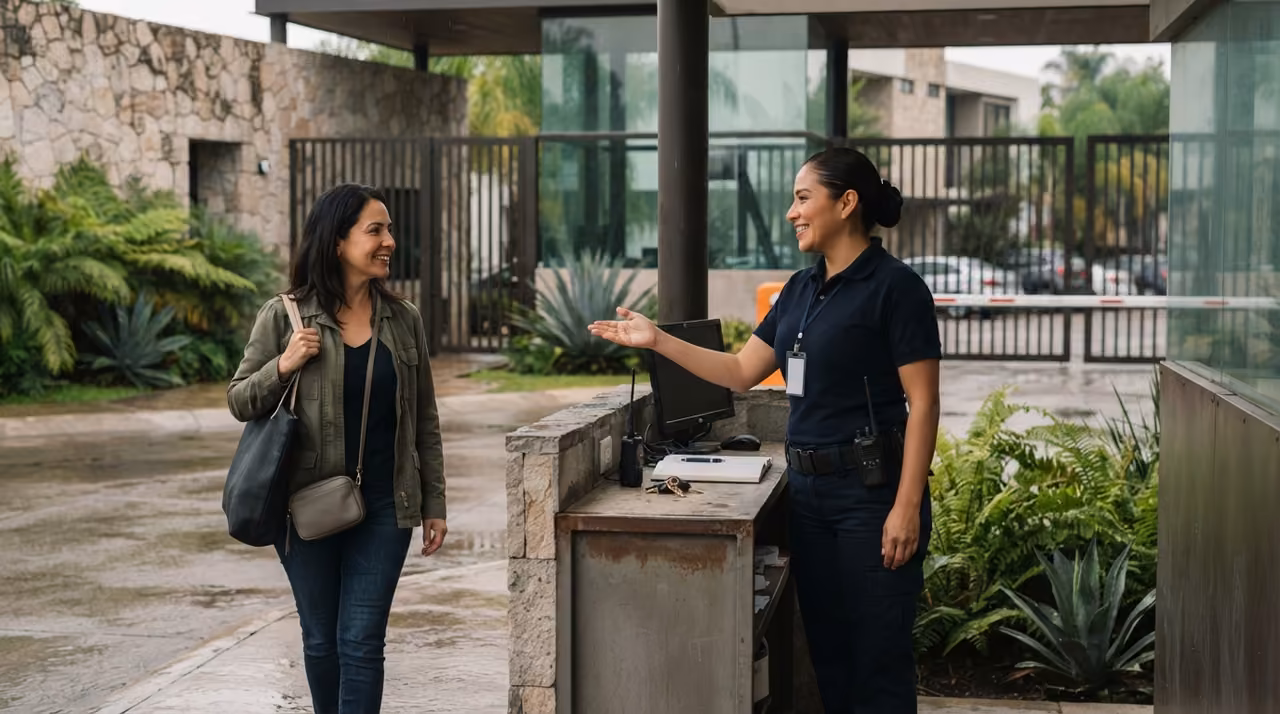 Personal de seguridad atendiendo a una residente en el acceso del desarrollo