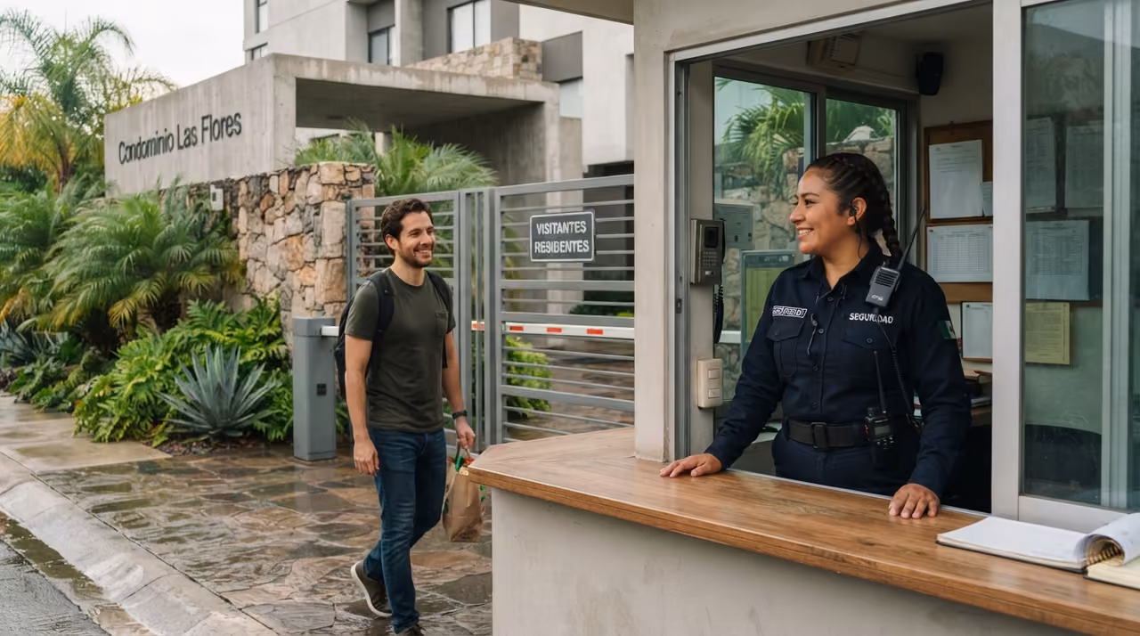 Personal de seguridad atendiendo a una residente en el acceso del desarrollo