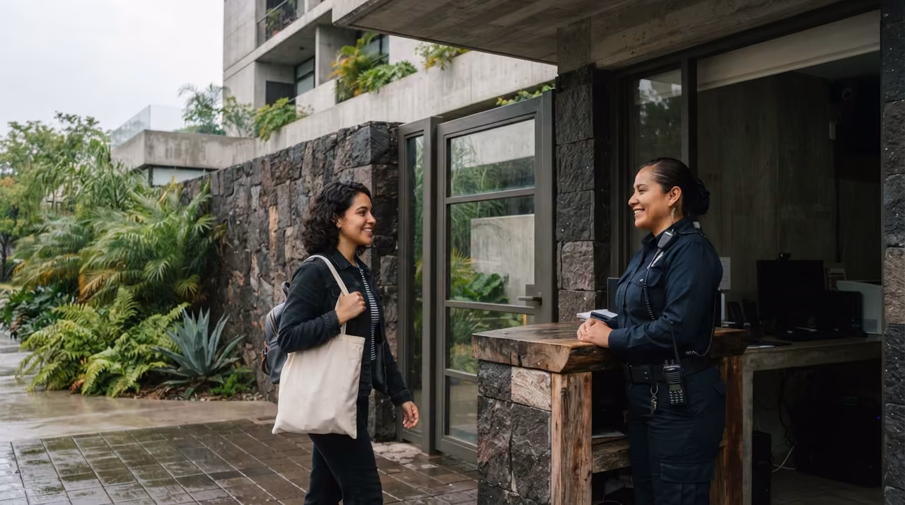 Personal de seguridad atendiendo a una residente en el acceso del desarrollo