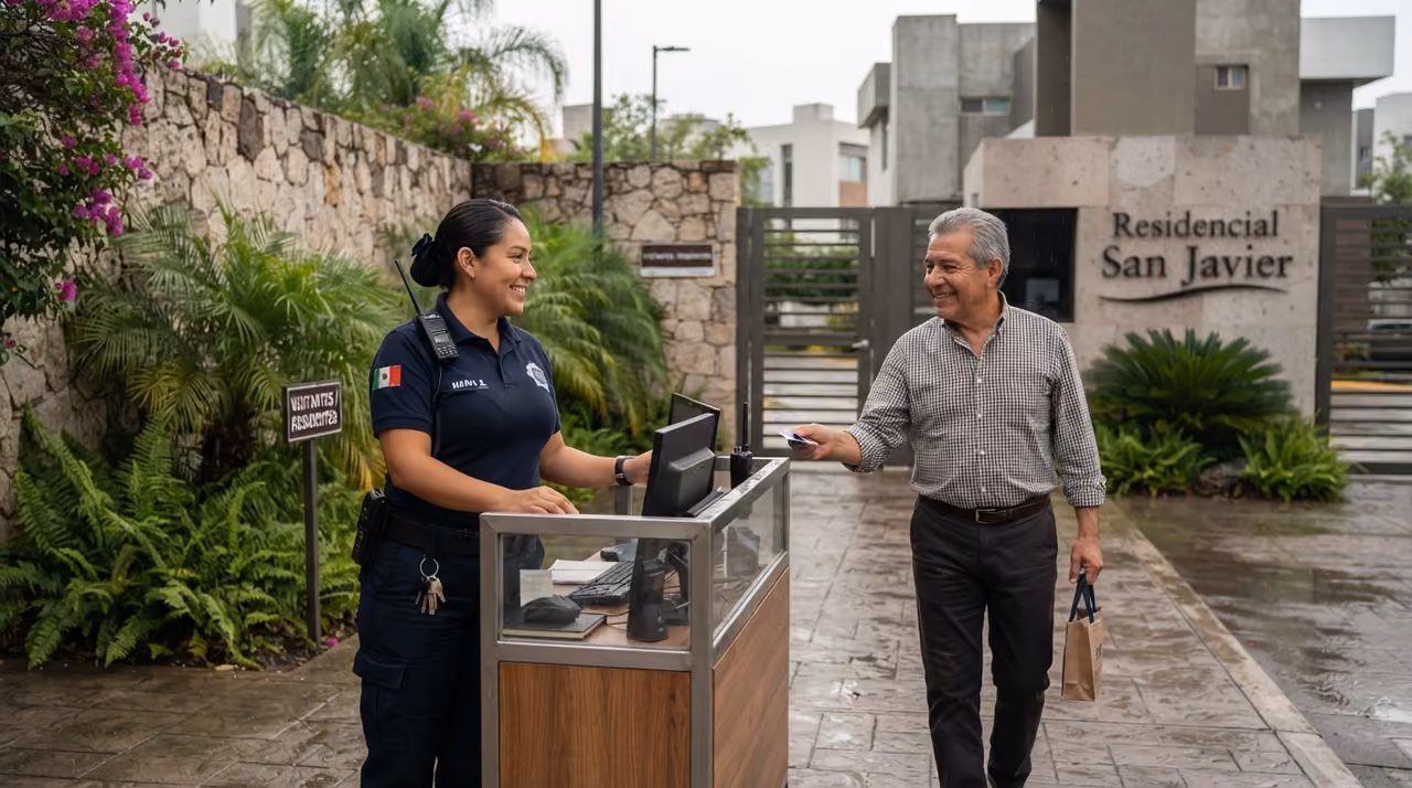 Personal de seguridad atendiendo a una residente en el acceso del desarrollo