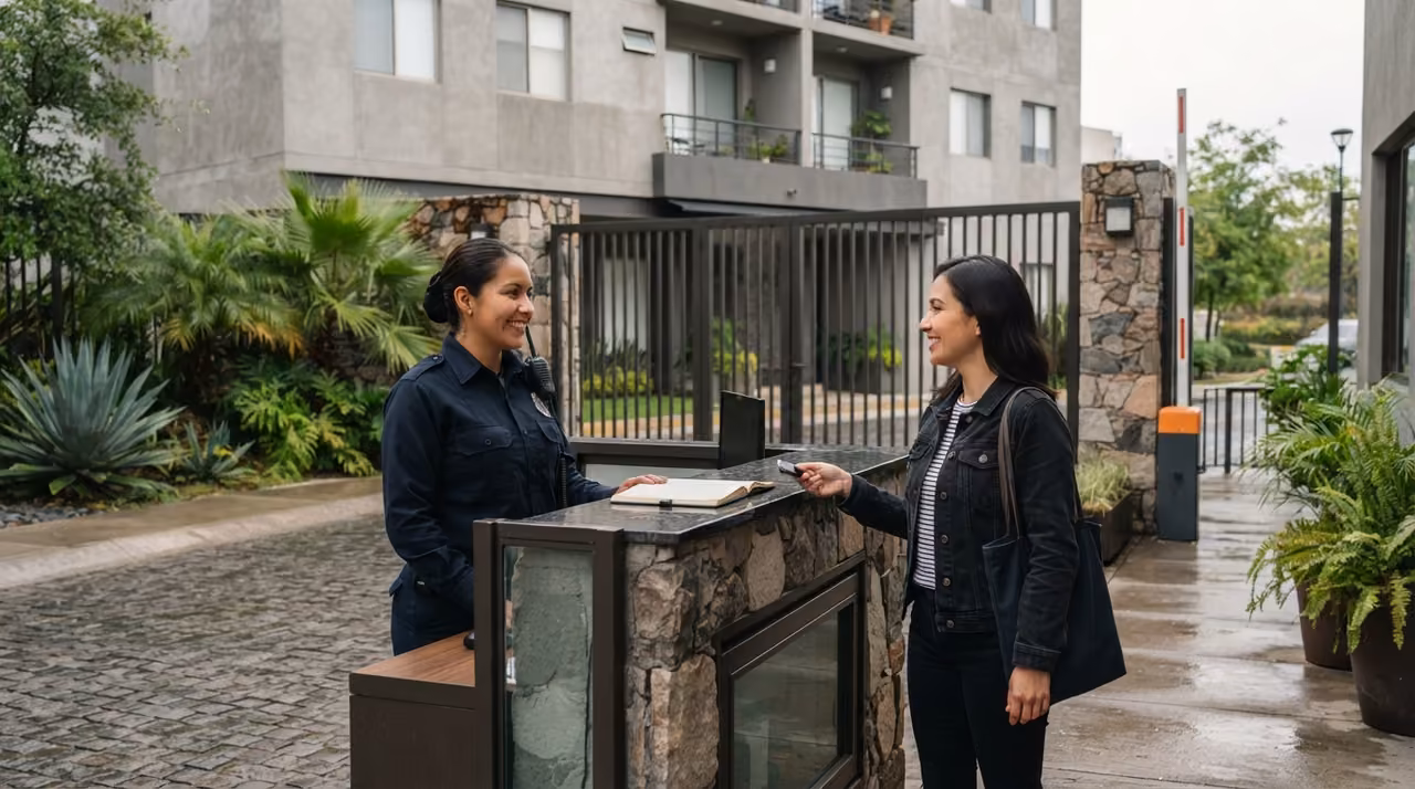 Personal de seguridad atendiendo a una residente en el acceso del desarrollo