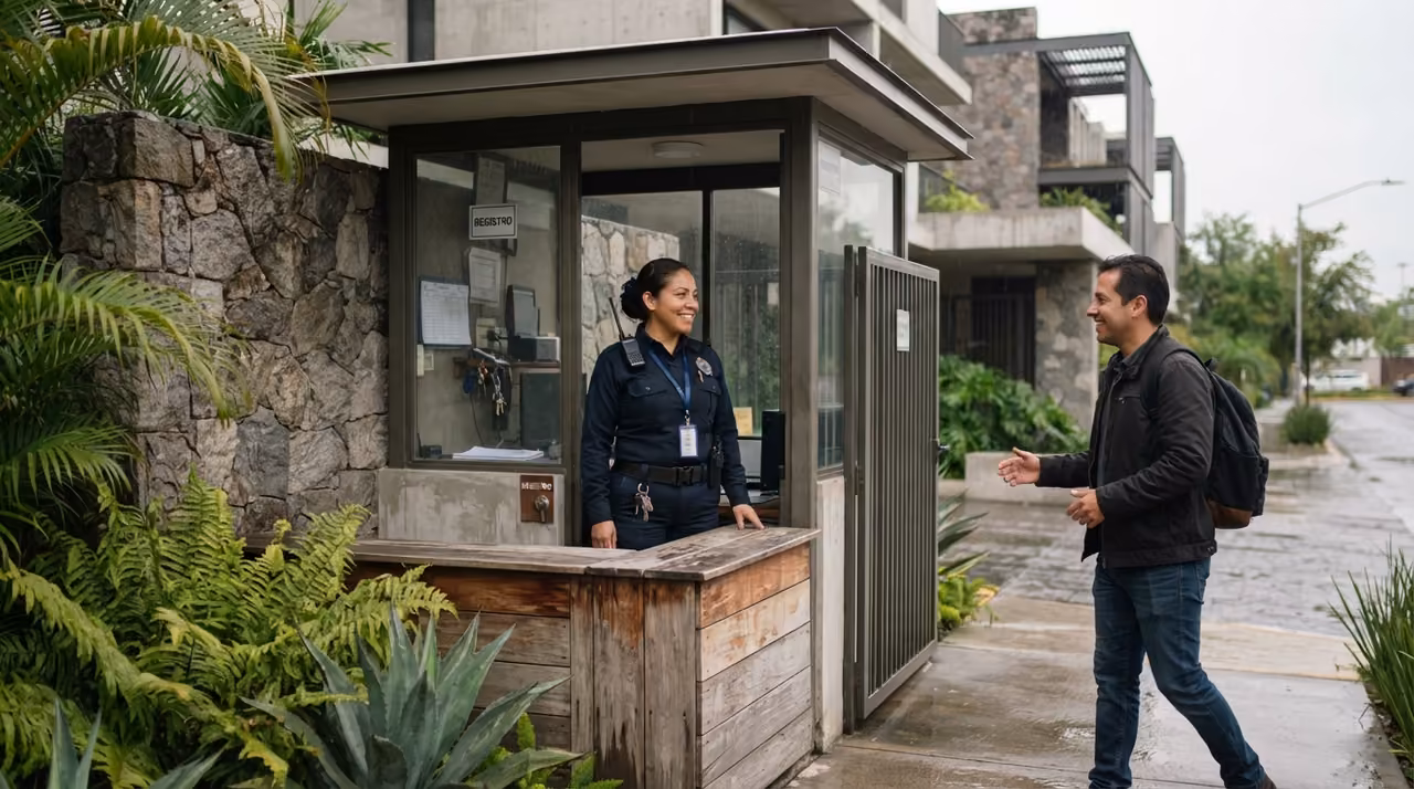 Personal de seguridad atendiendo a una residente en el acceso del desarrollo