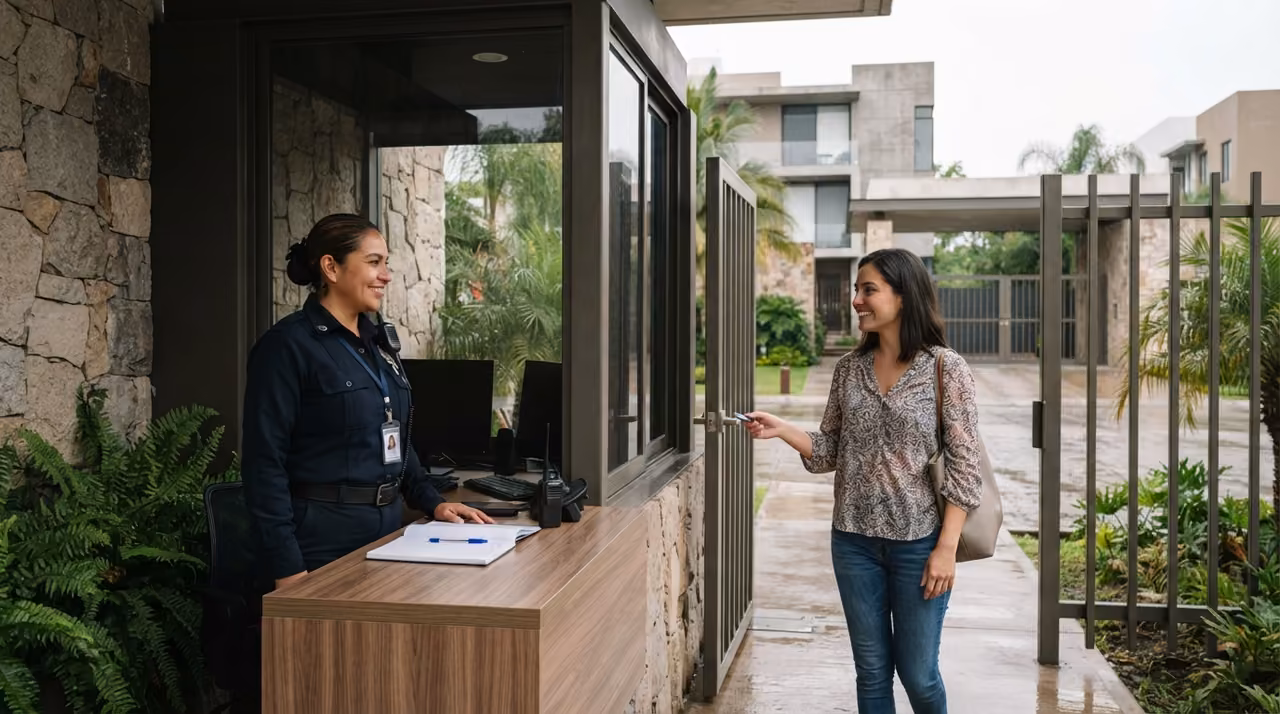 Personal de seguridad atendiendo a una residente en el acceso del desarrollo