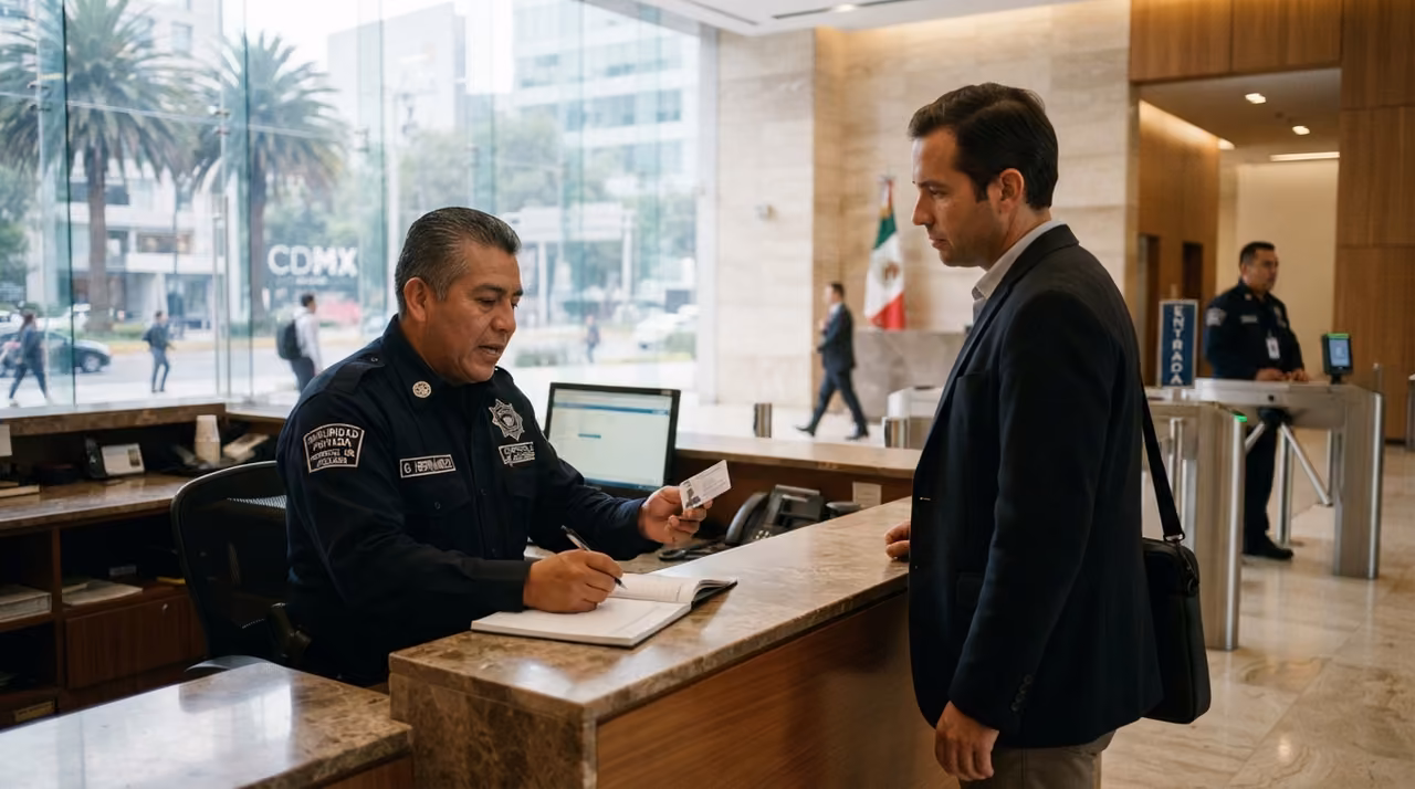 Guardia registrando visitantes en la caseta de acceso de un desarrollo