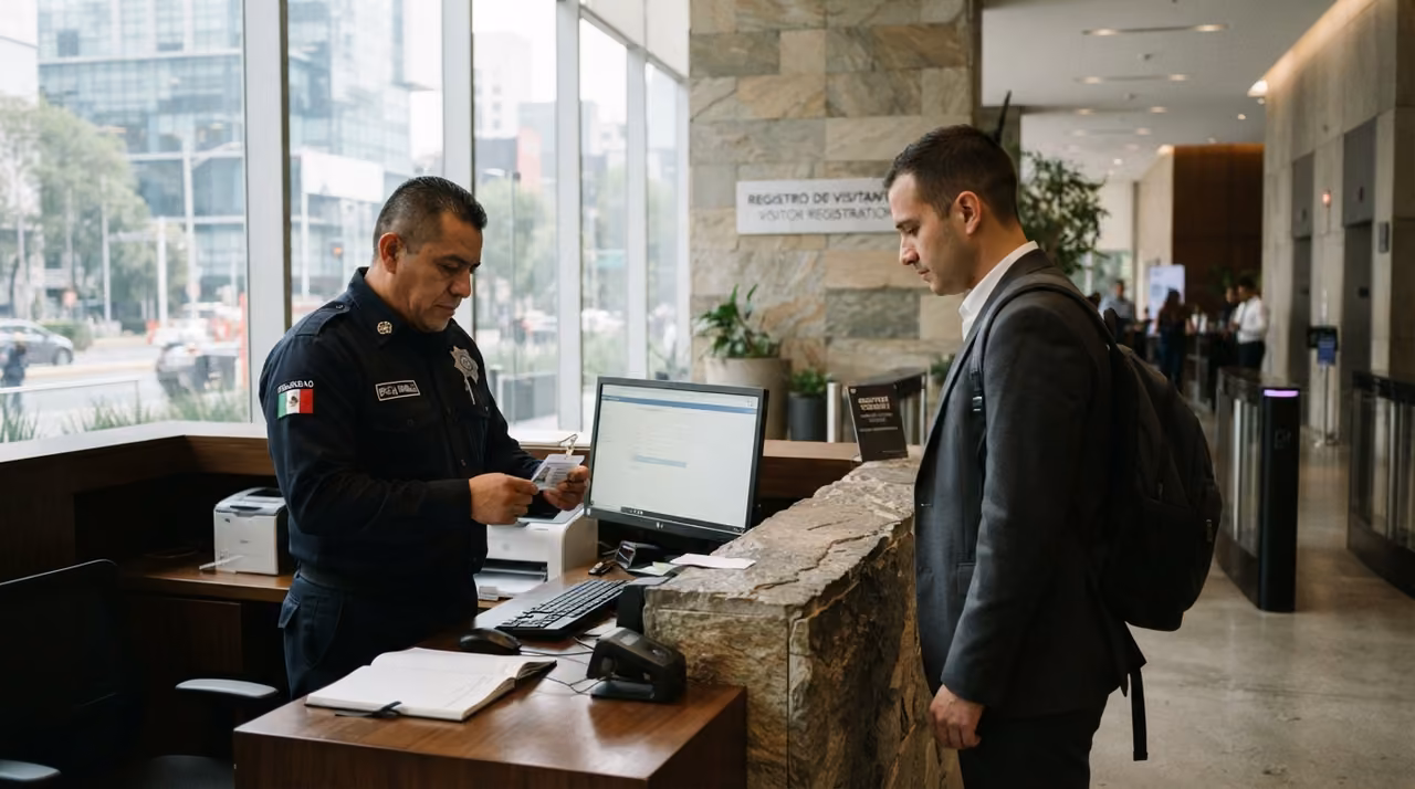 Guardia registrando visitantes en la caseta de acceso de un desarrollo