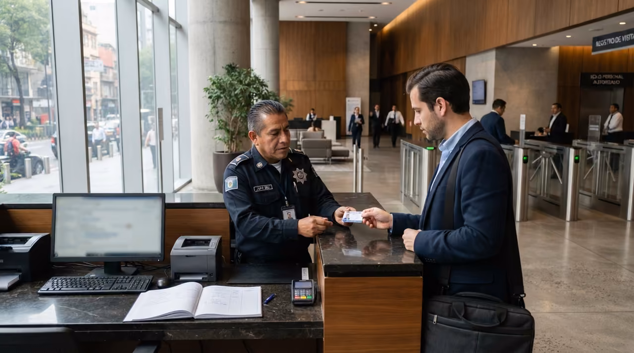 Guardia registrando visitantes en la caseta de acceso de un desarrollo
