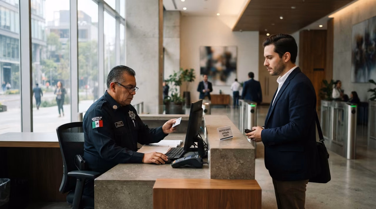 Guardia registrando visitantes en la caseta de acceso de un desarrollo