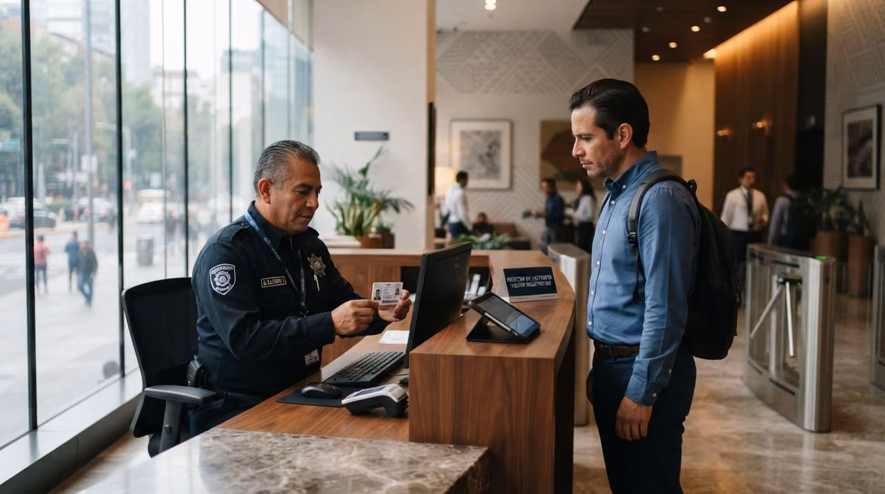 Guardia registrando visitantes en la caseta de acceso de un desarrollo