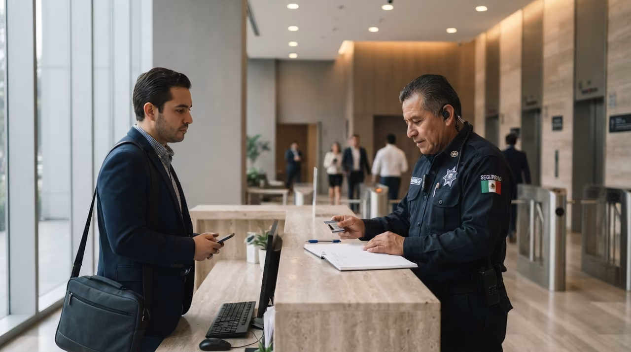Guardia registrando visitantes en la caseta de acceso de un desarrollo