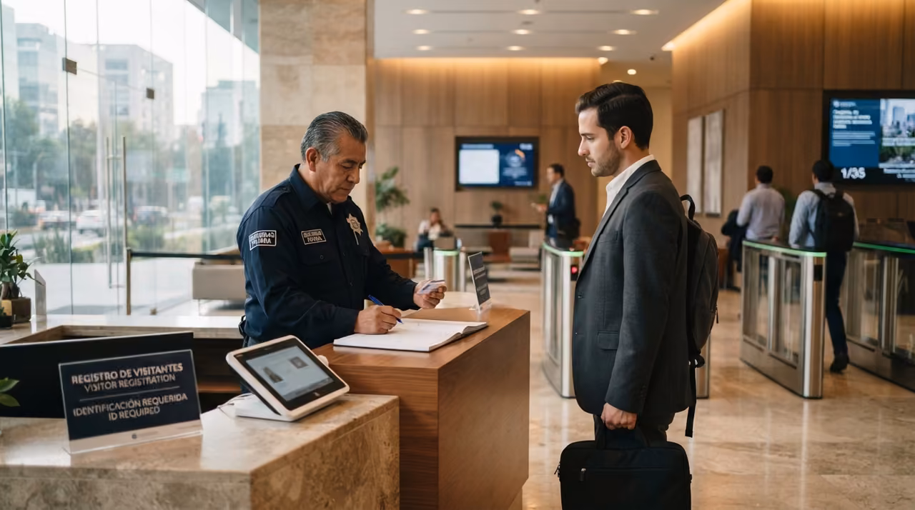 Guardia registrando visitantes en la caseta de acceso de un desarrollo