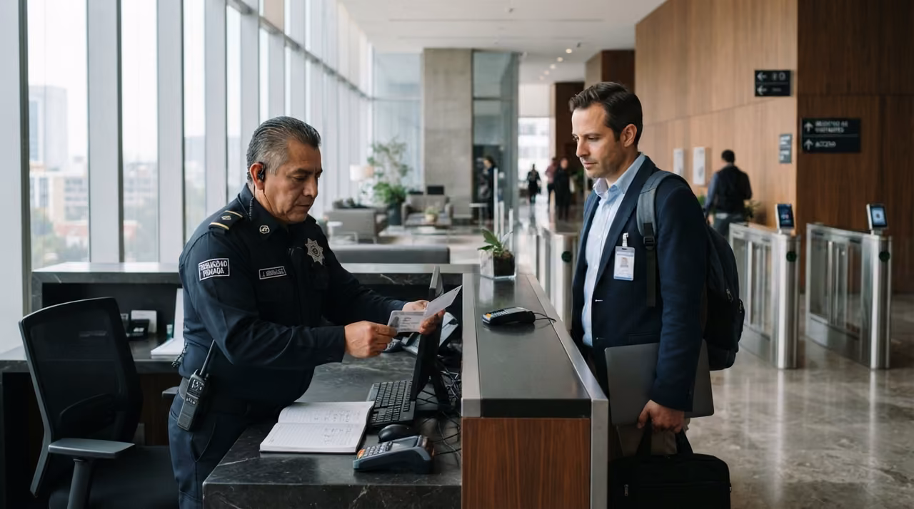 Guardia registrando visitantes en la caseta de acceso de un desarrollo